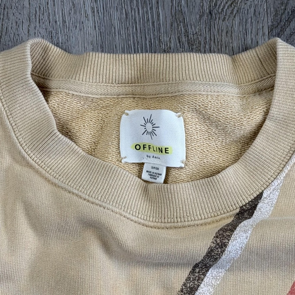 OFFLINE By Aerie Sweatshirt Womens Small Beige PLZ HOLD Stripe Oversized Cropped